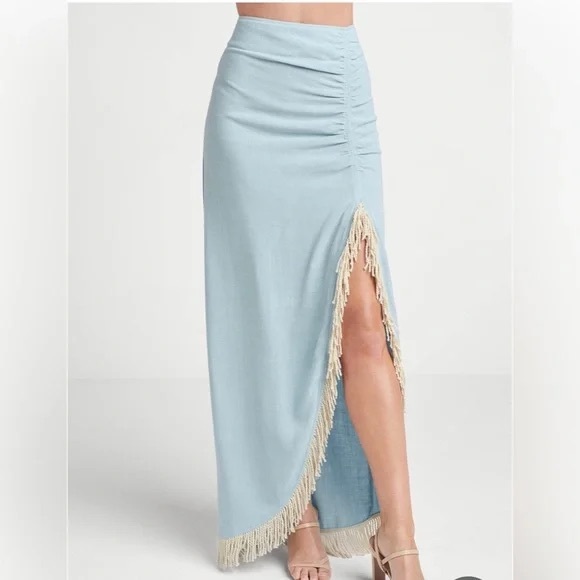 NEW VENUS Light Blue Ruched Maxi Skirt with Cream Fringe Slit, size 8 - Picture 1 of 10